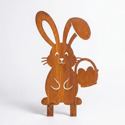 Produktbild von Osterhase mit Korb 23 x 15 x 1 cm - Metall Dekofigur in Edelrost Optik - Osterdeko für Garten und Wohnraum - Rustikale Frühlingsdekoration