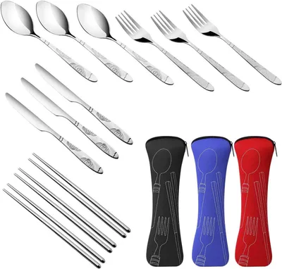 3er Pack 12-teiliges wiederverwendbares RVS Besteckset – Messer, Gabel, Löffel, Stäbchen – Tragbar mit Etui für Reisen und