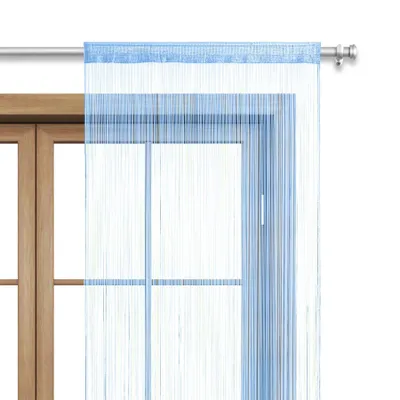 A blue string curtain hanging in front of a wooden framed window.