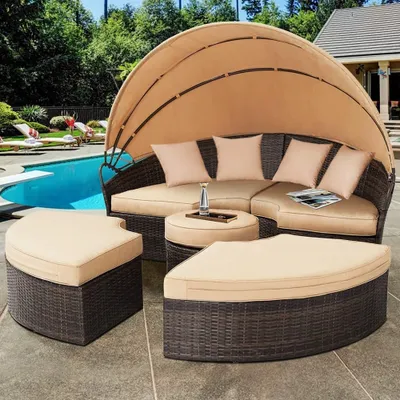 Produktbild von Polyratanový slnečný ostrov 180 cm záhradné mušľové lehátko lounge bed hnedá/béžová