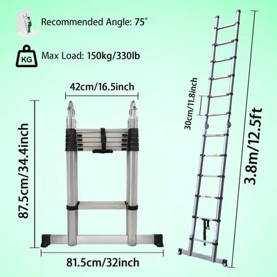 Image de Échelle télescopique - en A, 1,9 m - acier inoxydable et ABS - capacité de charge 150 kg - largeur 46 cm - espacement des échelons 30 cm - EN131