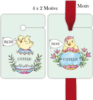 Produktbild von 8 lustige Oster Geschenkanhänger mit im Osterei geschlüpften Küken "Frohe Ostern"