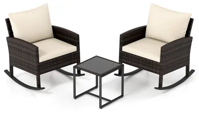 Immagine prodotto di Set di mobili da giardino COSTWAY da 3 pezzi, mobili da balcone in polyrattan con 2 sedie a dondolo e tavolo in vetro, set da balcone e terrazza con 2 cuscini di seduta e 2 cuscini per lo schienale