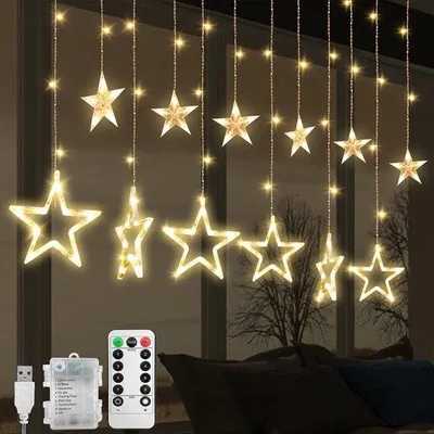 Productafbeelding van Lichtcascade voor binnen van 2,5 m, lichtgordijn met 138 leds, kerstdecoratie, lichtgordijn met 12 sterren, 8