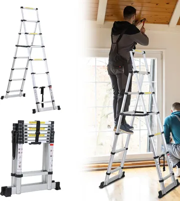 Produktbild von Bettizia Aluminium Teleskopleiter 2,3M Silber, Leiter Ausziehbar Klappleiter, Mehrzweckleiter, Stehleiter, Haushaltsleiter, Außenleiter, 150 kg Belastbarkeit