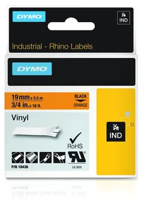 Produktbild von DYMO 19mm RHINO Coloured Vinyl, Schwarz auf orange, Vinyl, Box, Belgien