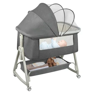 Produktbild von Verstellbares Babybett mit 6 Stufen, Reisebett, Kinderwagen mit Rädern und zusammenklappbar, grau
