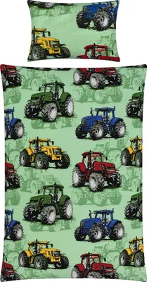 A collection of tractor illustrations on a green background, likely a duvet cover and pillowcase set.