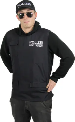 A man wearing a police costume set including a vest and a cap.