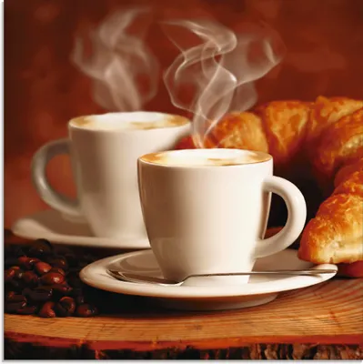 Produktbild von ARTland Glasbild Cappuccino & Croissant Größe: 20x20 cm