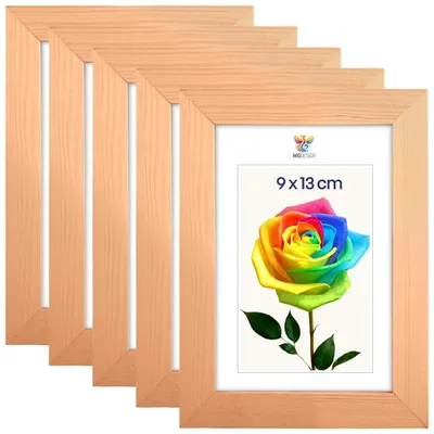 Produktbild von MG Design 5er Set Bilderrahmen 9 x 13 cm - Fotorahmen mit Natur Echtholzrahmen und bruchsicherem Acrylglas, Hoch & Quer zum Aufhängen, zum Aufstellen