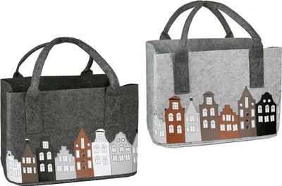 Produktbild von Gilde Tasche, rechteckig, "Stadtlichter", Hausmotiv, Filz, hellgrau, dunkelgrau, VE 4, 2fach sortiert, L. 25 cm, B. 40 cm, H. 26 cm 2er Set 21513 4063387215135