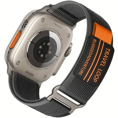 Produktbild von FFO2World Trail Loop Sportarmband für Apple Watch 46/45/44/42/49 mm (inkl. Ultra) – Weiches Nylonarmband mit Klettverschluss – Schwarz/Grau