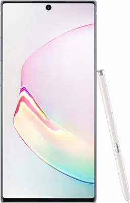 A Samsung Galaxy Note 10+ 5G smartphone with its stylus is shown against a white background.