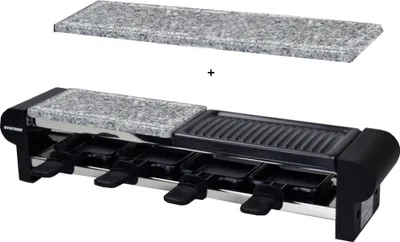 A raclette grill with a stone plate and a grill plate, shown with an additional stone plate above.