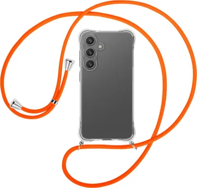 Produktbild von Handykette Backcover-Schutzhülle mit Band (Metall silberfarben) für Samsung S25 - neonorange