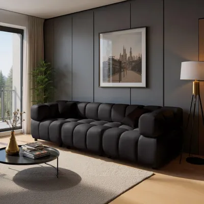 Image de Sofiland Tondo 4S Canapé 4 Places Design Bubble en Velours 288x96cm noir