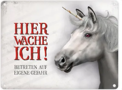 Produktbild von Metallschild mit Einhorn Motiv und Spruch: Betreten auf eigene Gefahr ...
