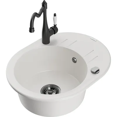 Obrázek produktu pro Mexen Kevin 1-miskový granitový dřez s odkapávačem a kuchyňskou baterií Carla, Bílá - 6517-20-670700-70