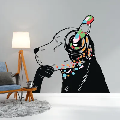 denkender Hund mit Kopfhörern im Street-Art-Stil – Decords Wandtattoo, Produktansicht 1