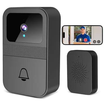 A smart doorbell with camera and a separate chime unit, shown alongside a smartphone displaying a video call from a delivery person.