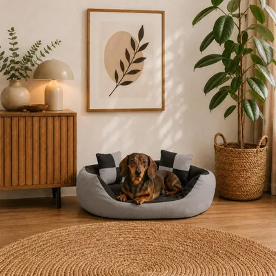 Produktbild von belviona 4-in-1 Hundebett, Hundekörbchen mit Wendekissen, wasserabweisend, tiefer Einstieg & 2 Spielkissen, 65x50 cm, grau/schwarz