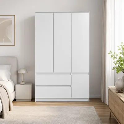 Produktbild von Drehtürenschrank Kleiderschrank Schrank 120 cm Weiß Matt, 4-türig mit 2 Schubladen, Schlafzimmer HOLO 4D2S