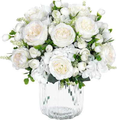 Image de Pivoines blanches artificielles, 2 bouquets, 31 cm, décoration pour la maison