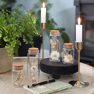 Produktbild von Trockenblumen im Glas mit Korken, Set von 4 - getrocknete Blumendekoration in eleganten schmalen Gläsern (natur)
