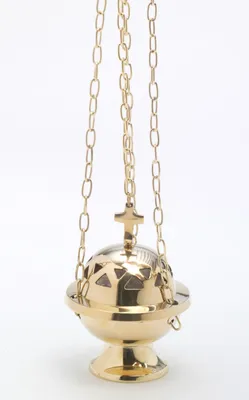 Produktbild von Weihrauchfass mit Kette zum Hängen aus Messing Gold poliert Höhe 11 cm mit Innenschale aus Stahl für die Räucherkohle