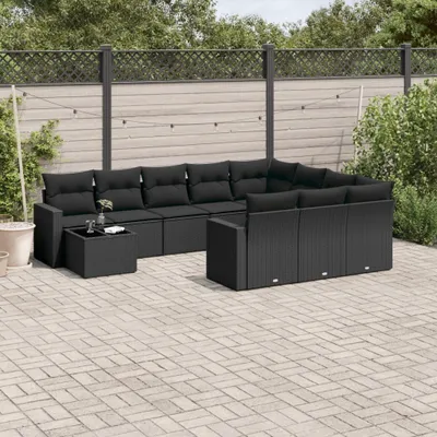 Produktbild von Design 11-tlg. Garten-Sofagarnitur mit Kissen Schwarz Poly Rattan, Gartenmöbel-Sets 2024 Neu