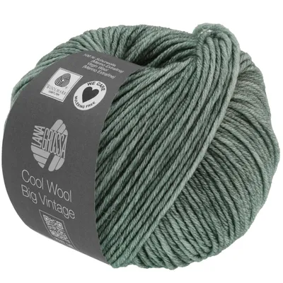 A ball of green-gray yarn with a label.