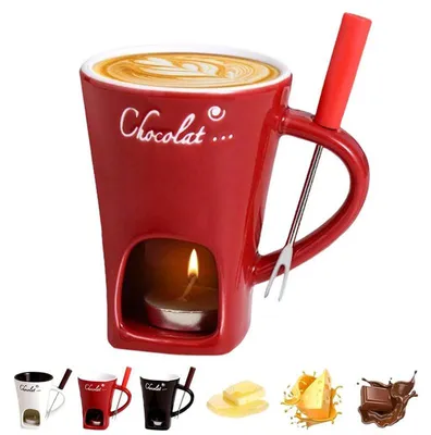 Produktbild von Schokoladen- und Käsefondue aus Keramik 130 ml, Mini-Fondue-Set mit Gabel und Teelicht, Rot, für Schokolade und Käse