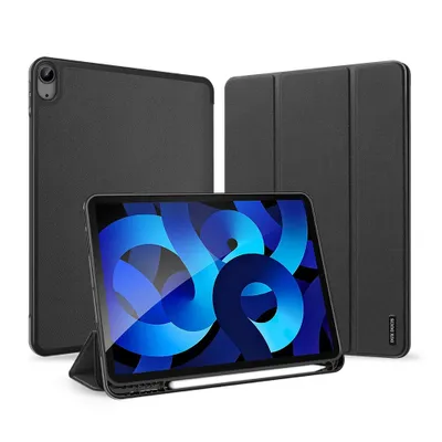 Three black iPad cases are displayed against a white background. One case is open, showing an iPad with a blue abstract wallpaper. The other two cases are closed and standing upright.