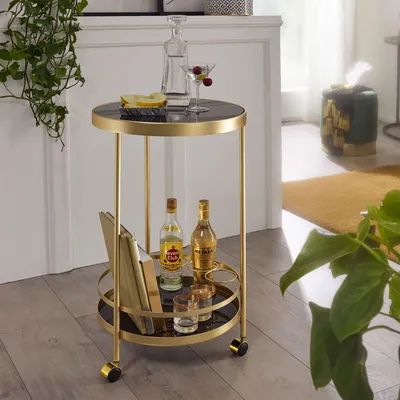 Produktbild von WOHNLING Design Servierwagen Gold Rund Ø 45cm 2 Ebenen Beistelltisch auf Rollen mit Glasplatte Schwarz Speisewagen Küchenwagen Teewagen