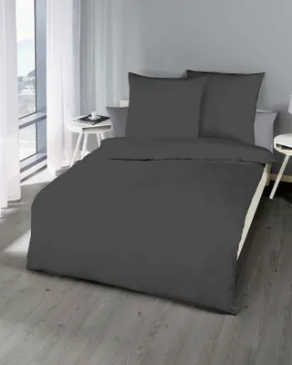 Produktbild von Kaeppel Biber Bettwäsche Uni 100% Baumwolle Reißverschluss Bettbezug Kissenbezug Bettgarnitur Bettwäsche-Set Bettzeug 200x200 cm Anthrazit