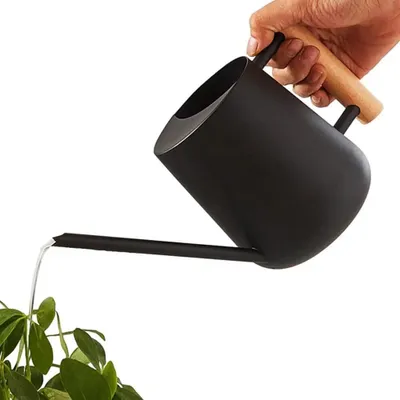 Produktbild von Blumen gießkanne Pflanzen Gießkanne Haushalt Dusch topf langer Auslauf offener Holzgriff Edelstahl für Garten bäume, schwarz, 900ml, Edelstahl