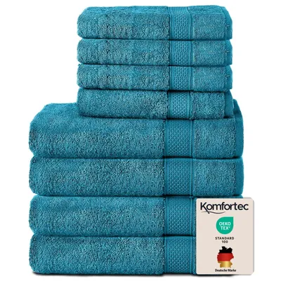 Produktbild von Komfortec 8er Handtuch Set aus 100% Baumwolle, 4 Badetücher 70x140 und 4 Handtücher 50x100 cm, Frottee , Weich,Groß, Türkis