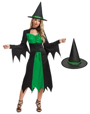 Zdjęcie produktu dla Omgoods - Kostium czarownicy dla kobiet z kapeluszem, idealny na Halloween