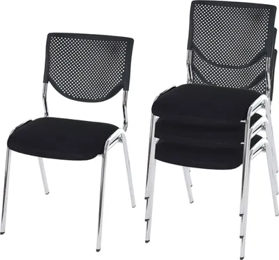 Two sets of black stackable chairs on a white background.