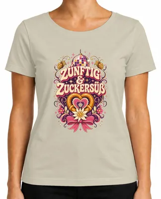 Productafbeelding van Zünftig & Zuckersüß: Volksfeest, Wiesn (Oktoberfest), pretzel, traditionele kleding, lederhosen, dames T-shirt, naturel, maat L