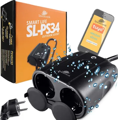 A product shot of a Spacetronik outdoor smart socket, along with its packaging and a smartphone displaying compatible smart home platforms.