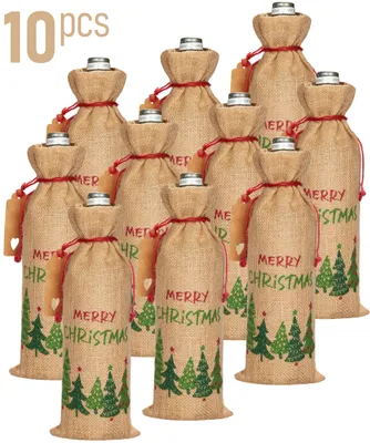 Produktbild von BRUBAKER Weinbeutel für Weihnachten - Merry Christmas Grün/Rot - 36 cm x 17 cm Jutesack  - Weintasche für Wein und Sekt - Flaschenbeutel, 10 Stück