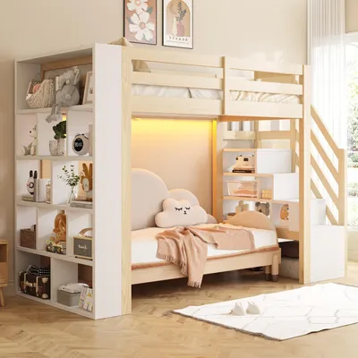 Productafbeelding van Hoogslaper 90 x 200 cm met planken, opbergruimte, LED-verlichting, zijhek en een lattenbodem met 15 latten, wit/houtkleur