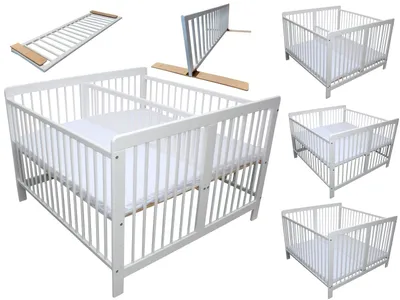 A collage of images showing a white wooden crib, its components, and different configurations.