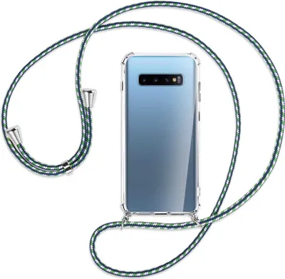 Produktbild von Handykette Backcover-Schutzhülle mit Band (Metall silberfarben) für Samsung Galaxy S10+ / S10 Plus - grün/blau/weiß