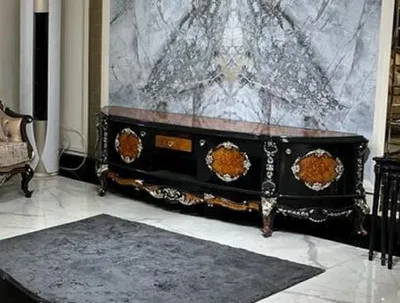 Produktbild von Casa Padrino Luxus Barock TV Schrank Braun / Schwarz / Silber - Prunkvolles Massivholz Sideboard mit 4 Türen und Schublade - Wohnzimmer Möbel im Barockstil - Barock Möbel - Edel & Prunkvoll