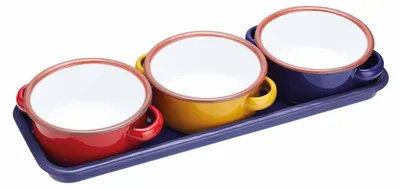 Emaillierte Tapasschälchen mit Tablett, 11 cm, 3er-Set, mehrfarbig