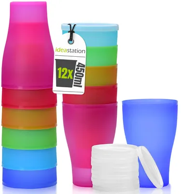 Kunststoffbecher 12 Stück, 450 ml, bunt, mit Deckel, bruchfest