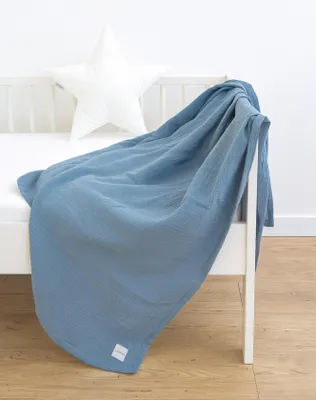 Produktbild von 150 x 200 cm BLAU MUSSELIN Europäische Baumwolle Kühlende Decke Tuch Sommerdecke Wickeldecke Mullwindel Strandtuch für Baby Kinder Erwachsene